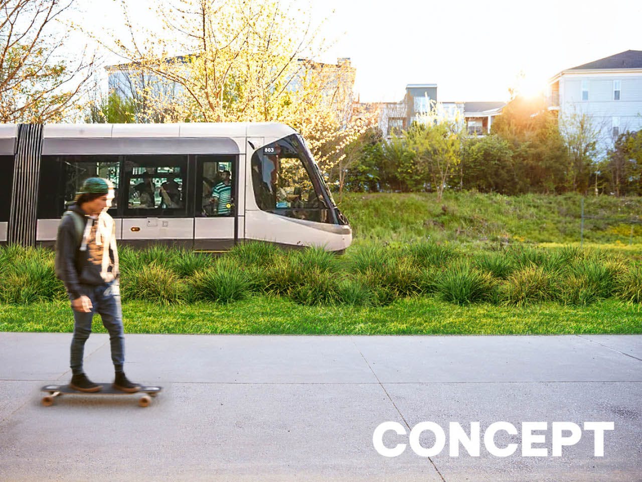 A rendering of green, pedestrian-friendly transit alongside the Eastside Trail.