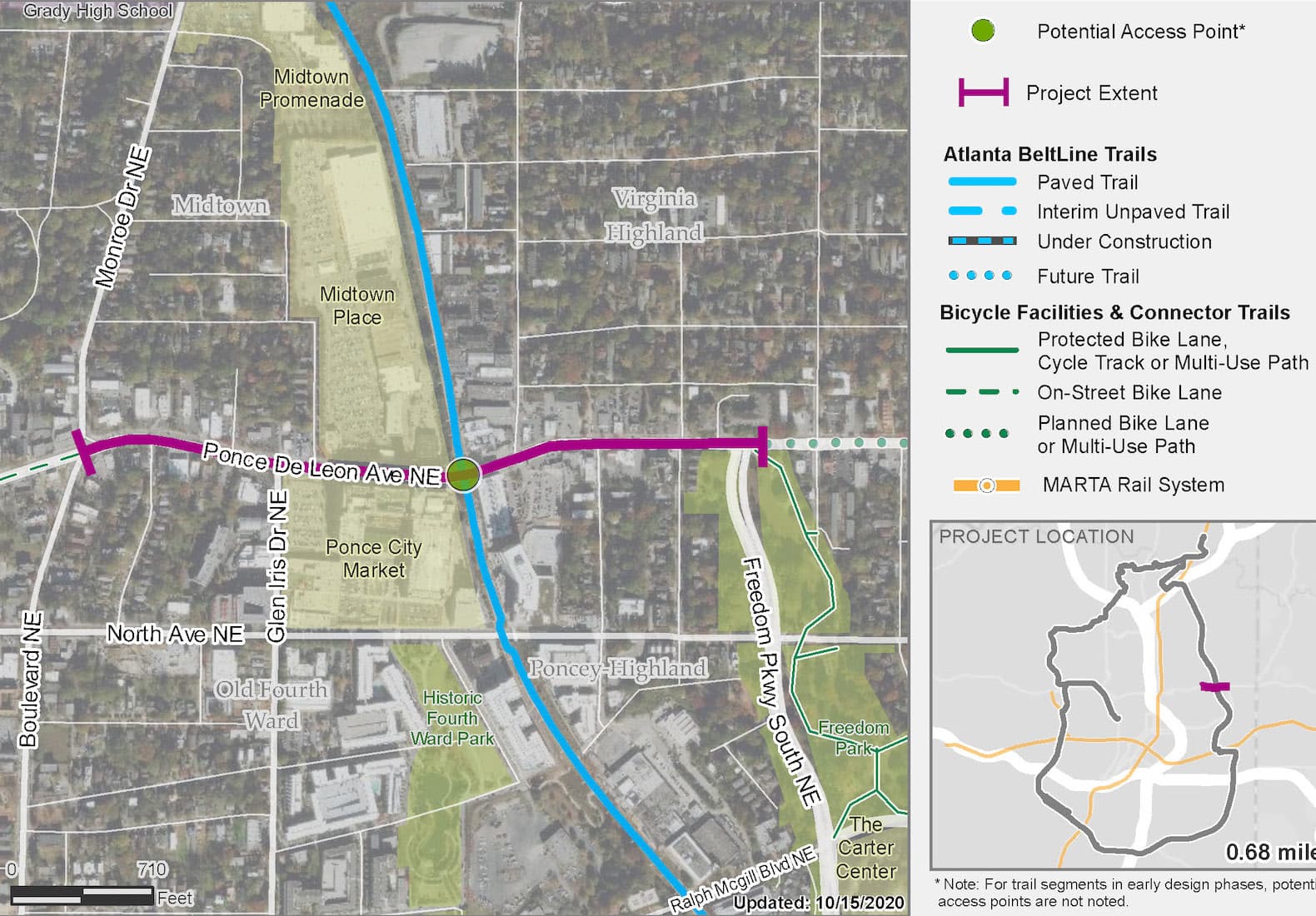 Map of Ponce Streetscape Project showing potential access point with Eastside trail